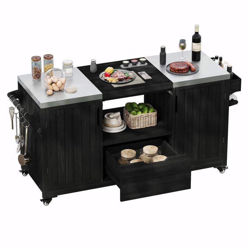 66.5" Outdoor Kitchen Island for Big Green Egg Grills, Solid Wood Grill Cart with Stainless Steel Top