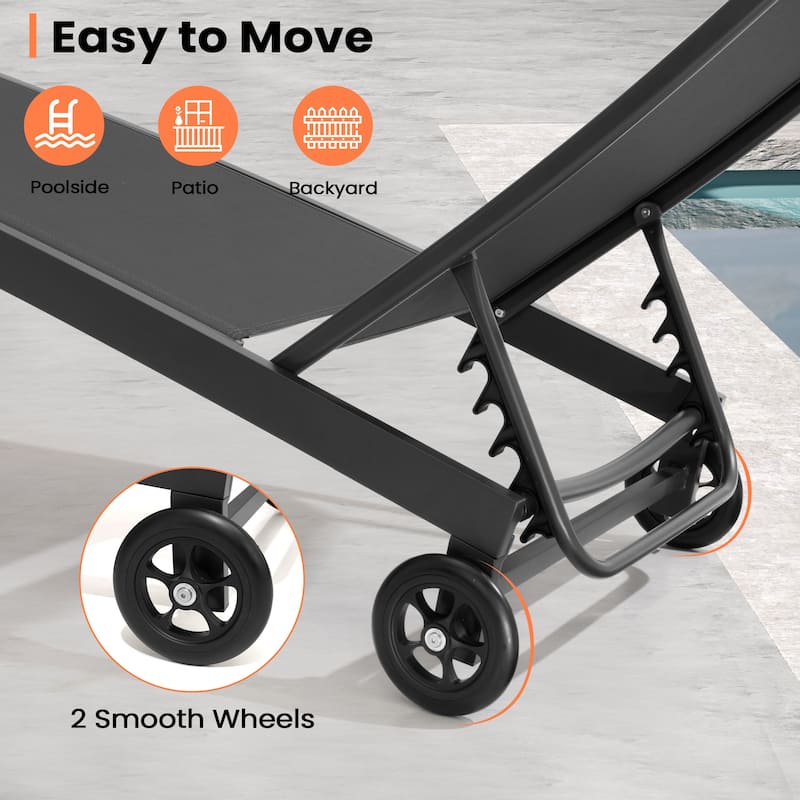 Patio Chaise Lounge Chair Adjustable Aluminum Outdoor Recliners with Wheel