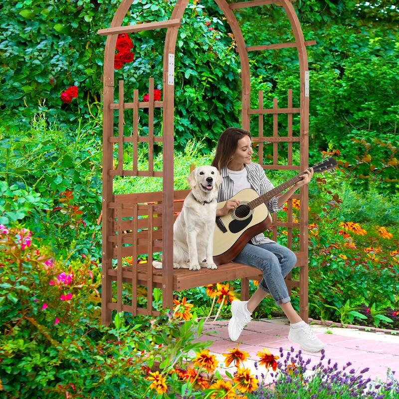 6.8ft Red Brown Wood Arbor With Bench