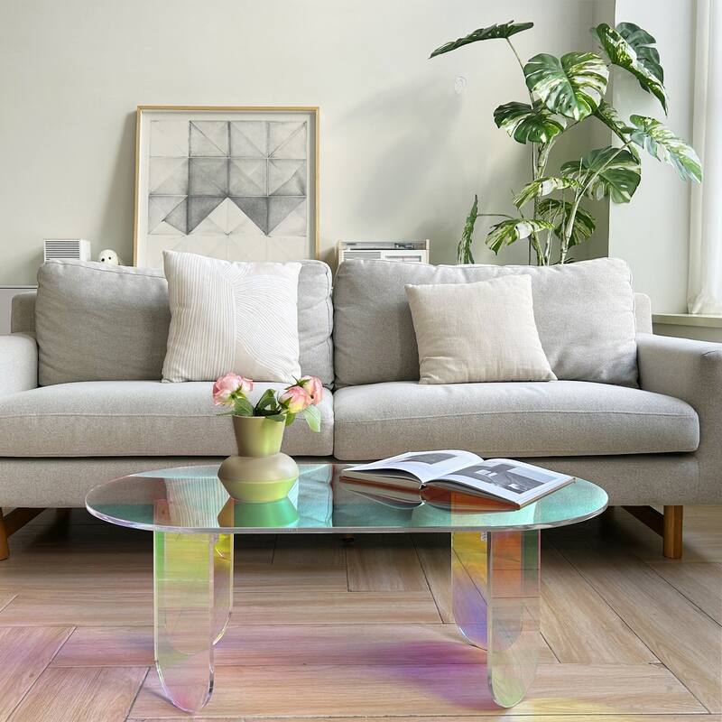 Acrylic Colorful Coffee Table Iridescent Glass End Table Side Table - 38"x20"x15"