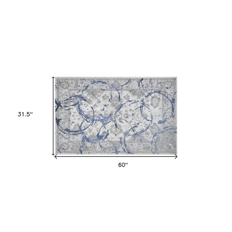 HomeRoots 3' X 5' Blue and Gray Abstract Area Rug - 3' x 5'