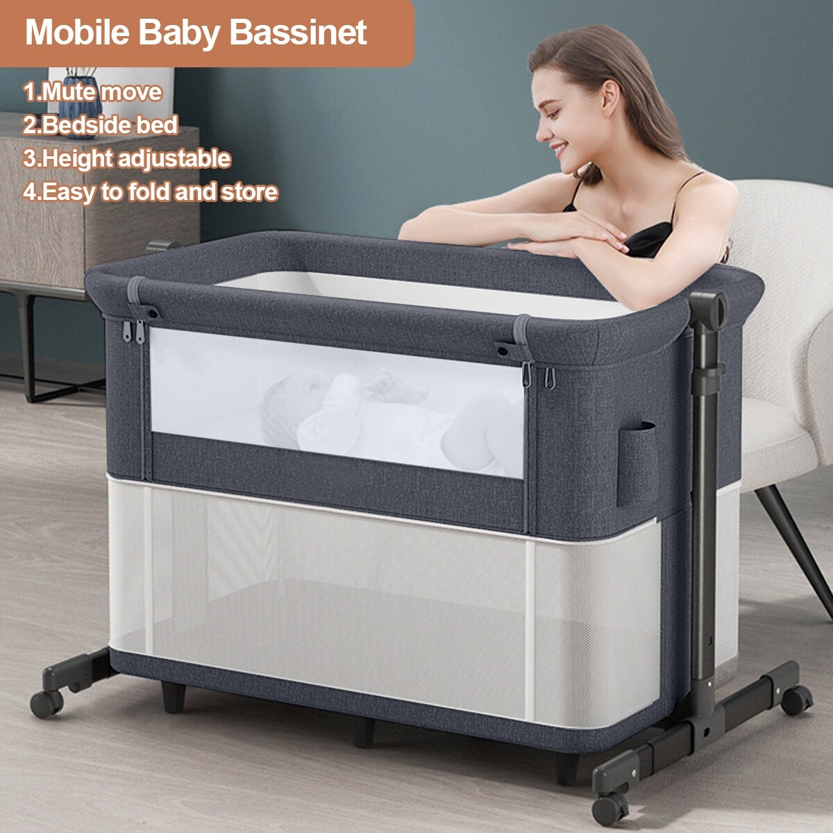 3 in 1 Baby Bassinet Bedside Sleeper Playpen Design with Mattress Included Foldable Travel Baby Crib Height Adjustable