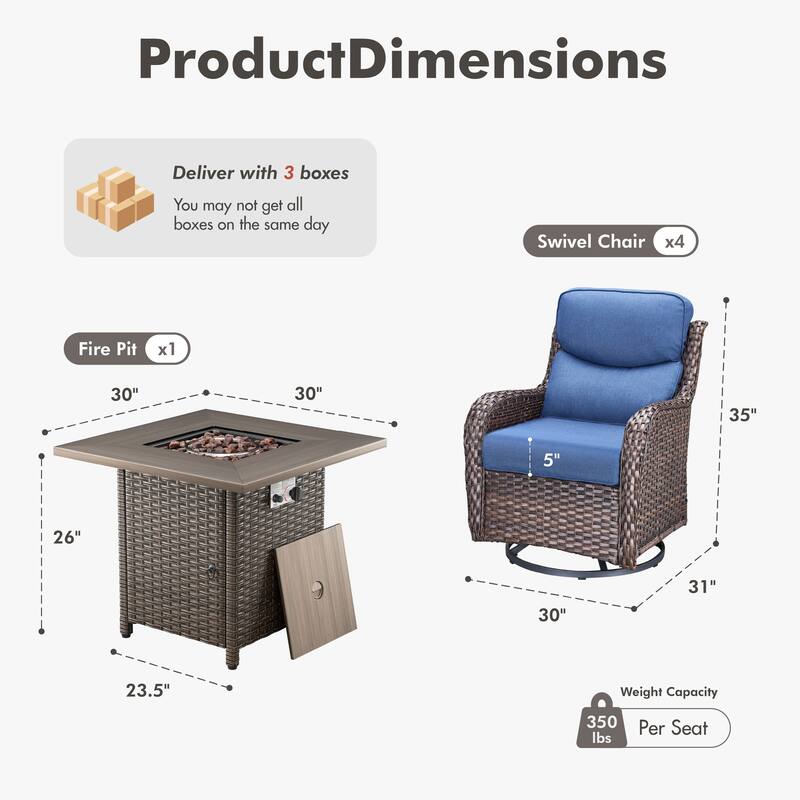 Meyreso 5-Piece Outdoor Patio Wicker Fire Pit 4 person Conversation Set with 5-Inch Thick Cushions