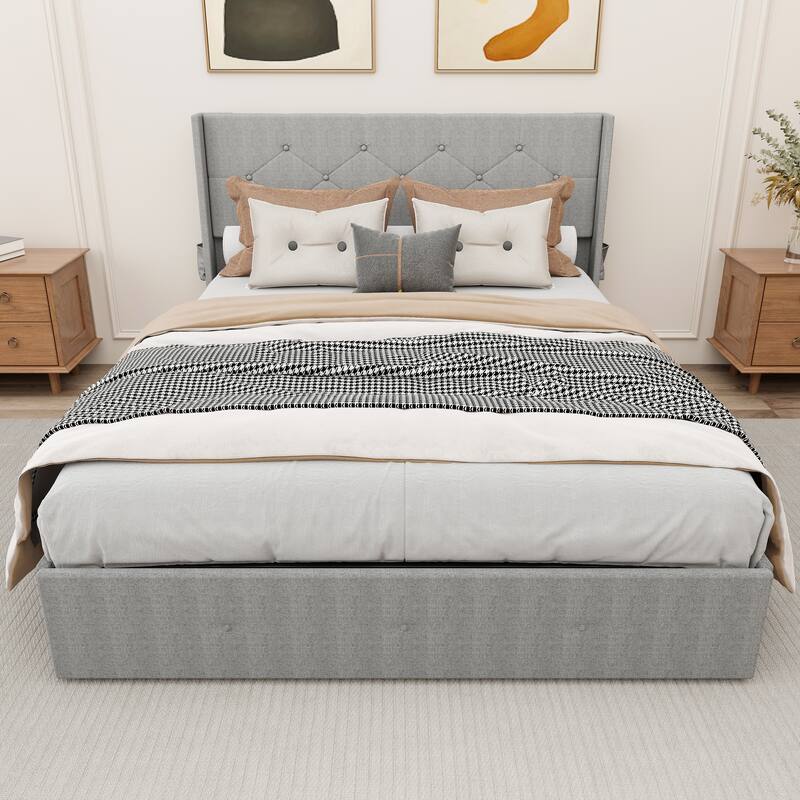 Light Gray Queen Size Modern Metal Platform Bed with Storage,Wingback Headboard and USB Ports - Light Gray