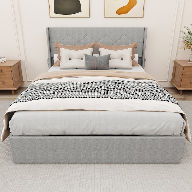 Wingback Upholstered Bed Low Profile Platform Bed Frame with USB Ports, Side Pockets and Hydraulic Lifting Storage - Light Grey - Queen