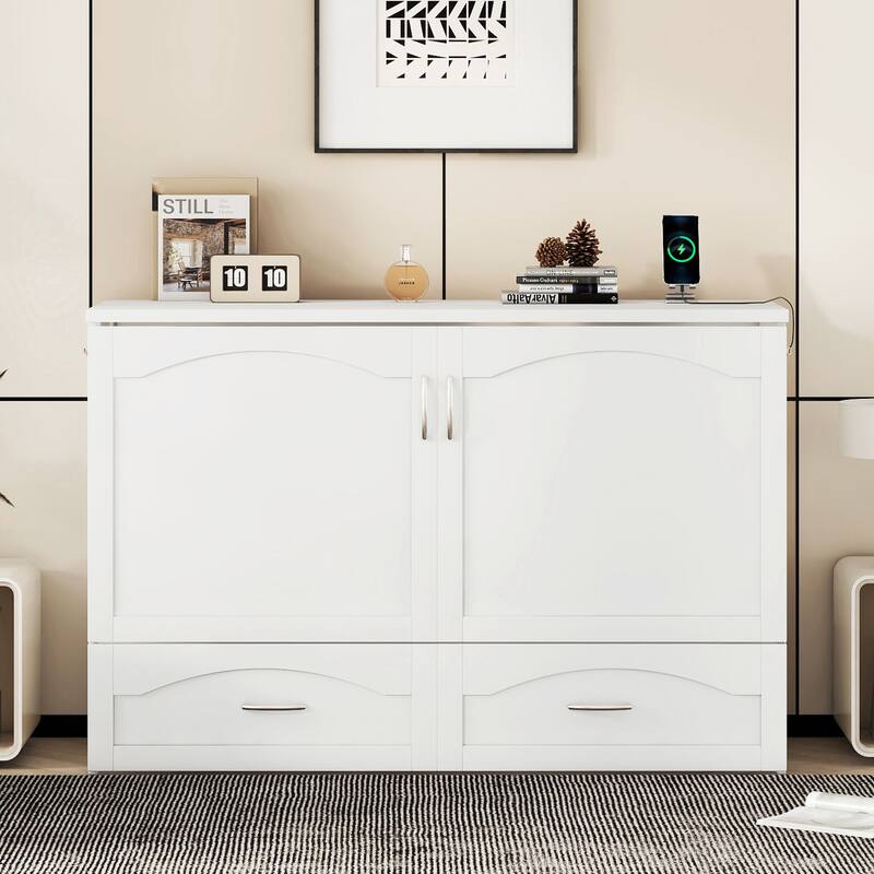Queen Size Murphy Bed Wall Bed with drawer and a set of Sockets & USB Ports - White