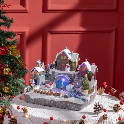 HOMCOM Christmas Village, Skating Pond Animated Winter Wonderland Set with Multicolored LED Light