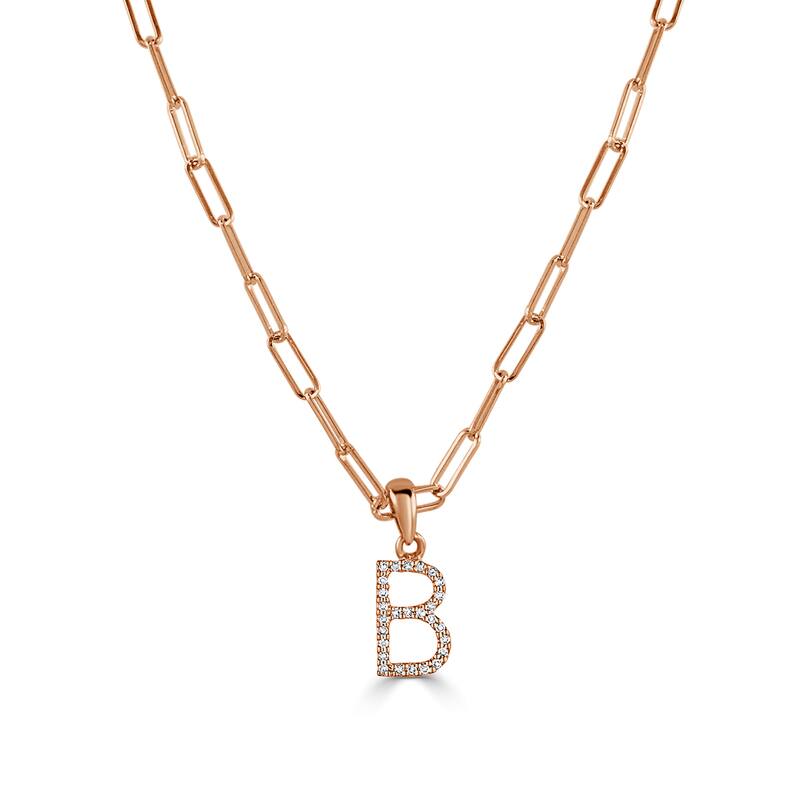 Joelle Collection Diamond Initial Letter Necklace Paperclip 14K Gold 16-inch Chain 1/10 TDW Necklace - B - Rose