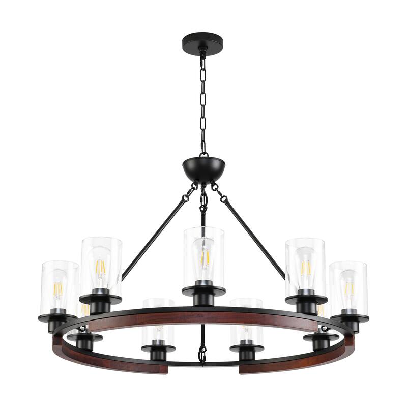 9 - Light Wagon Wheel Dimmable Chandelier with Wood Accents - Matte Black