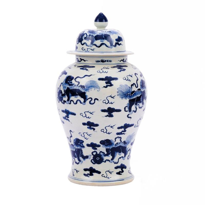 Blue & White Foo Dog Temple Jar