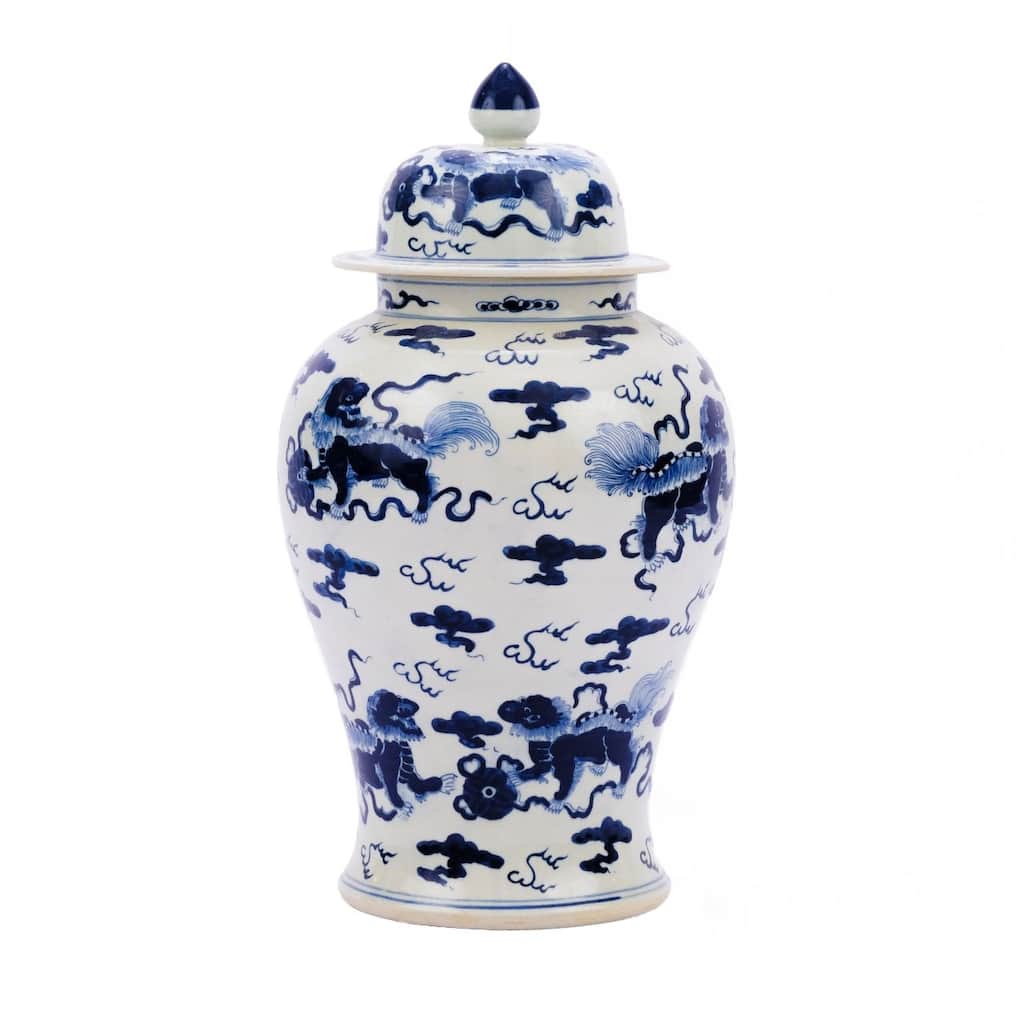 Blue & White Foo Dog Temple Jar