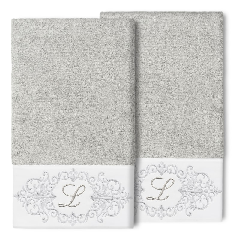 Authentic Hotel and Spa 100% Turkish Cotton Monica 2PC Embellished Bath Towel Set - L - Light Gray
