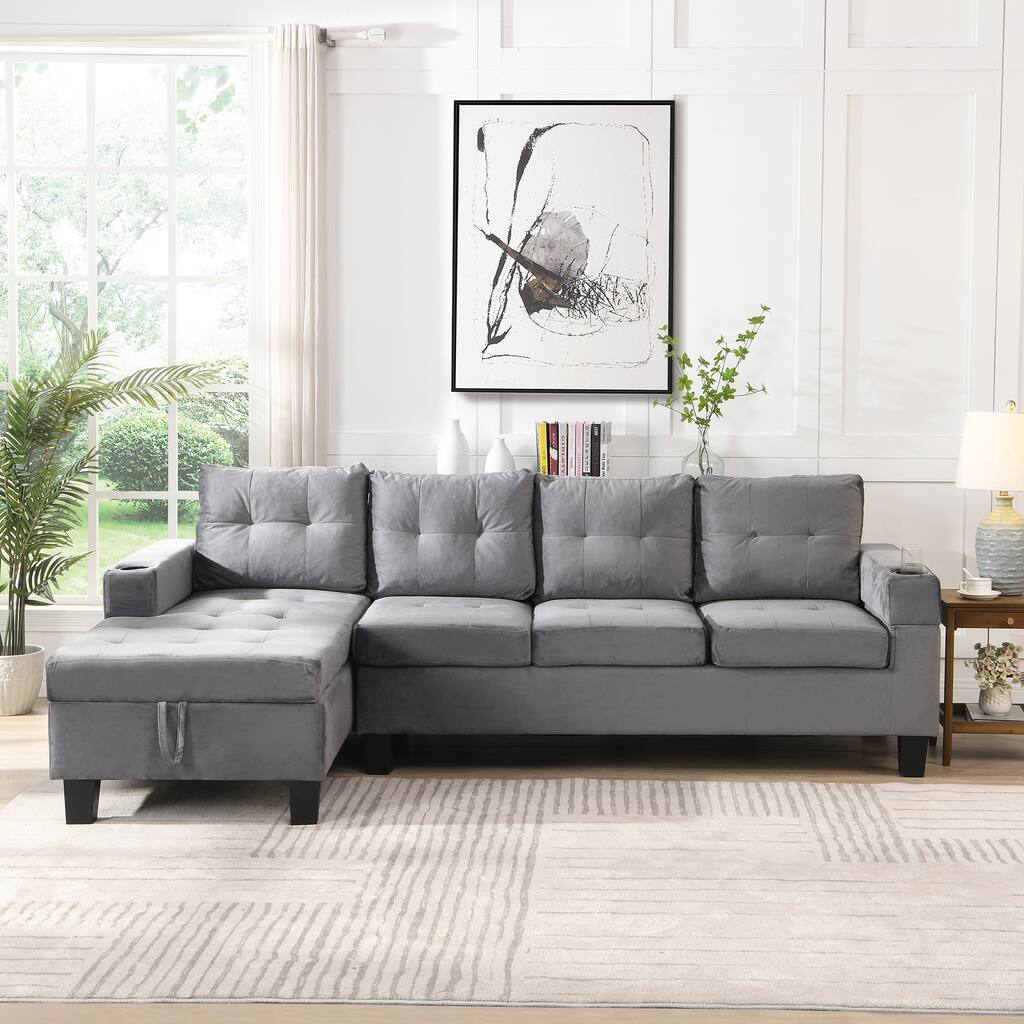L-Shape Sectional Sofa Set with Storage Chaise, 4-Seat Modular Sofa with Cup Holder and Left Hand for Livingroom