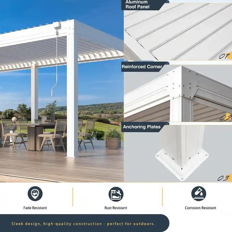 EROMMY Outdoor Louvered Pergola Gazebo with Adjustable Aluminum Rainproof Roof and Pull-Down Screen