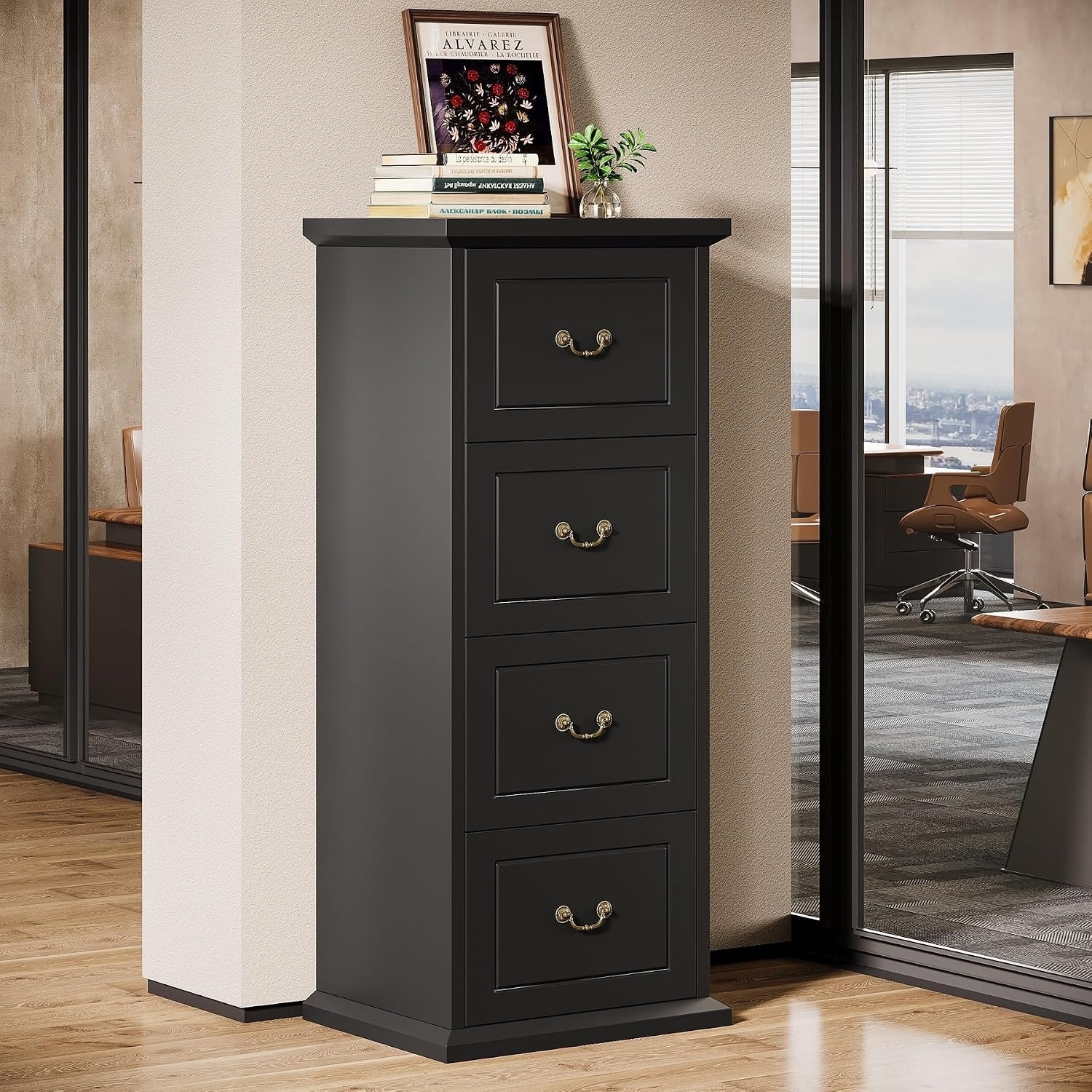 Tall 4-Drawer File Cabinet, Vertical Wood Filing Cabinet for A4/Letter/Legal Size, File Storage Printer Stand for Home Office