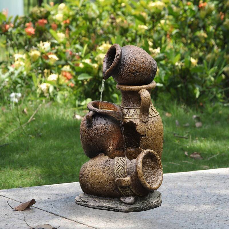 Brown Urns Resin Outdoor Fountain with LED Lights
