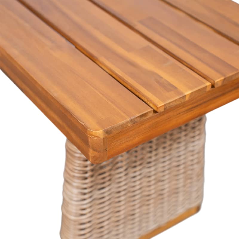 Christopher Knight Home - 3-Piece Outdoor Acacia Wood Dining Set with 2 Woven Ratan Leg Benches & 70" Solid Wood Dining Table