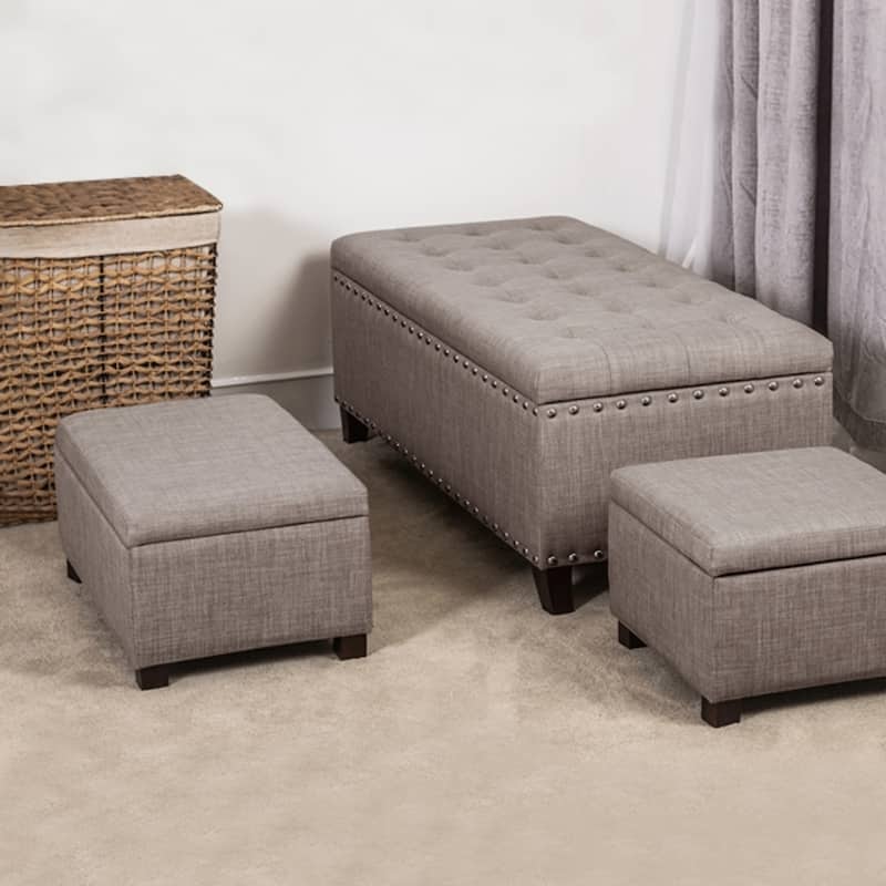 Adeco Set of 3 Linen Fabric Storage Ottoman Bench Lift Top Footstool - Dark Grey