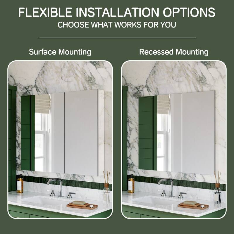 36x30 in Mirrored Medicine Cabinet, Dual-Swing, Tri-View, Copper-Free, Blum Soft-Close, Recessed/Surface, Chrome Aluminum