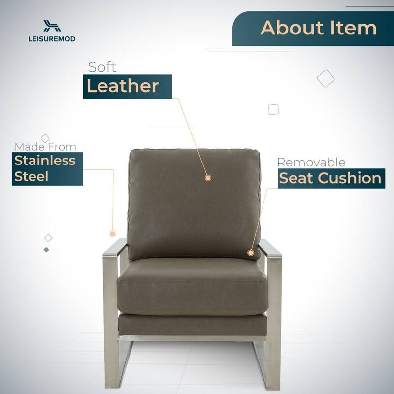 Jefferson Contemporary Leather Accent Armchair with Silver or Gold Frame, Removable Cushions, and Durable Spring-Supported Seat