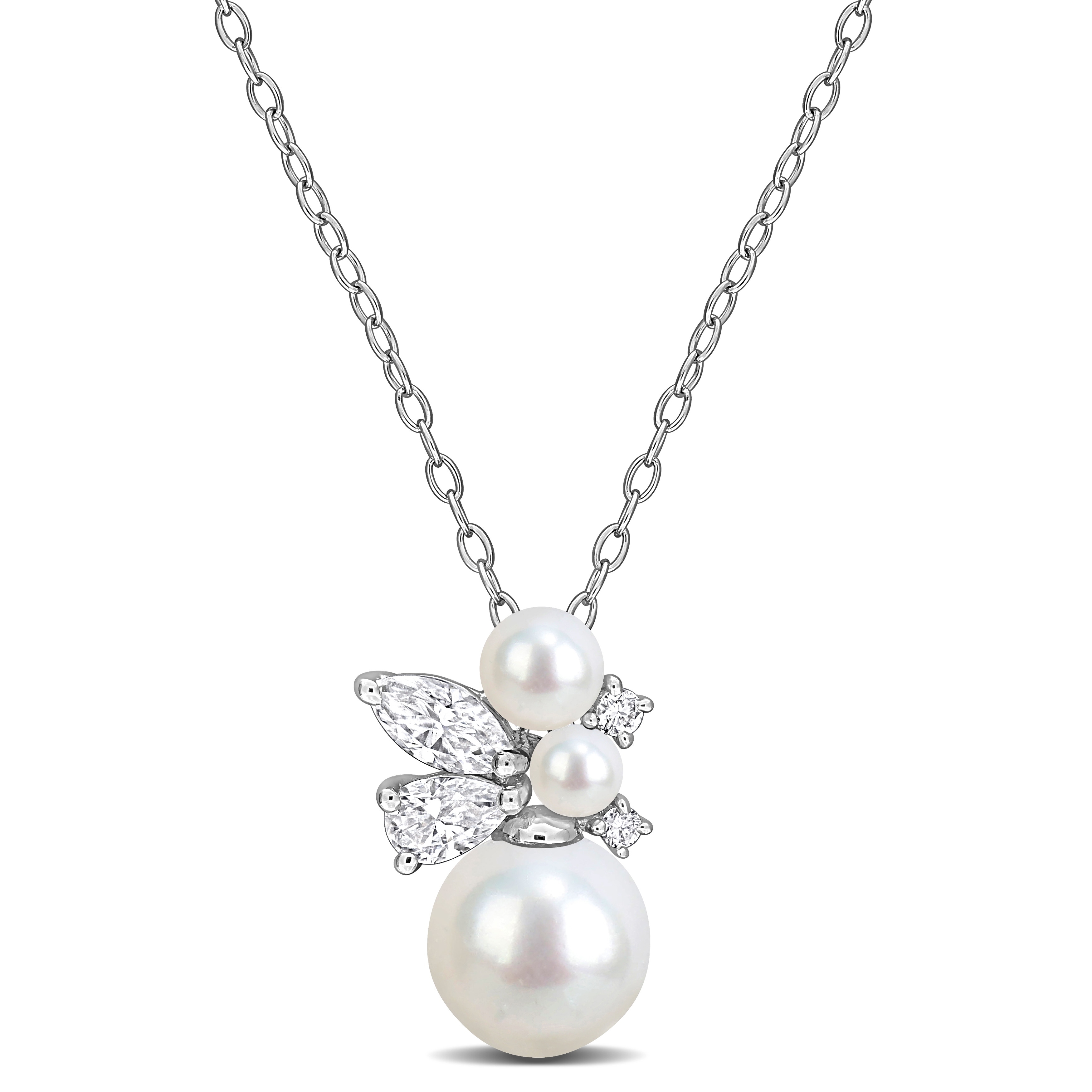 Miadora Created Moissanite and Freshwater Cultured Pearl Necklace Sterling Silver