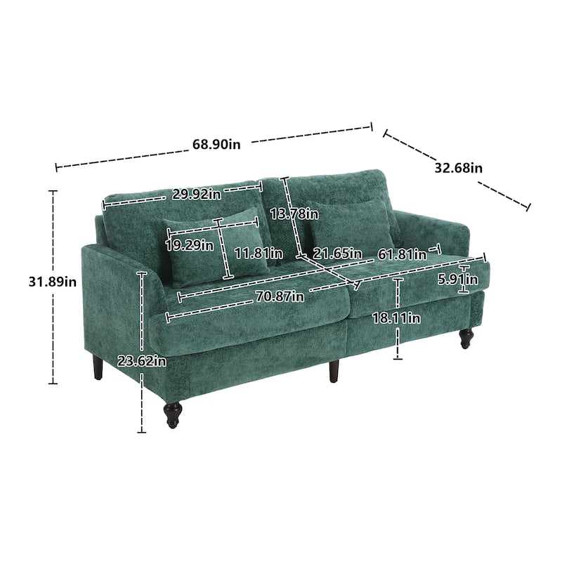 Green 68.9" Chenille 2 Seater Sofa with Detachable Cushions, Solid Wood Frame, and 2 Pillows
