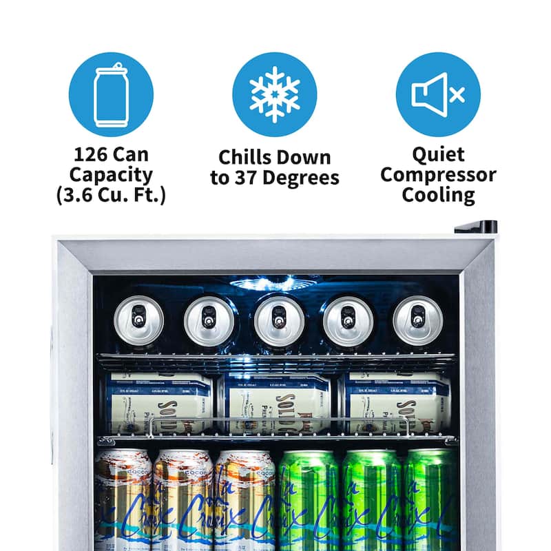 Newair 126-Can Capacity Beverage Refrigerator, Mini Fridge with Glass Door and Adjustable Shelves, Stainless Steel