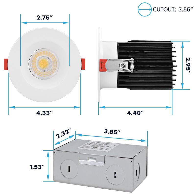 Luxrite 3 Inch LED Recessed Lights with J-Box, CRI 90, 5CCT 2700K-5000K, 1000LM, 15W, Dimmable, Wet Rated