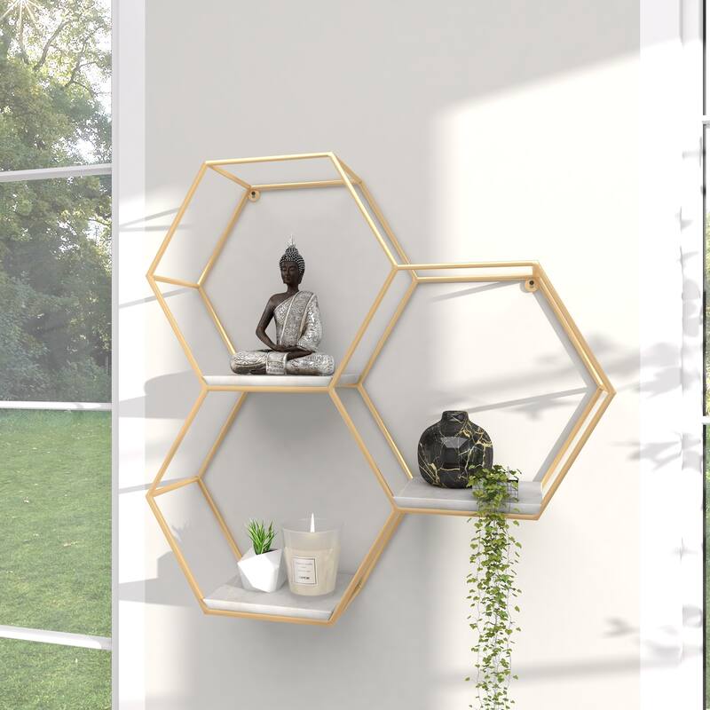 Geometric Metal Hexagon Wall Shelf with 3 Marble Shelves - Gold or Silver - 24 x 6 x 24