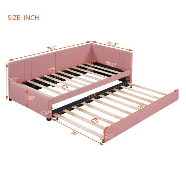 dimension image slide 2 of 4, Twin Daybed Slat Sofa Bed with Trundle