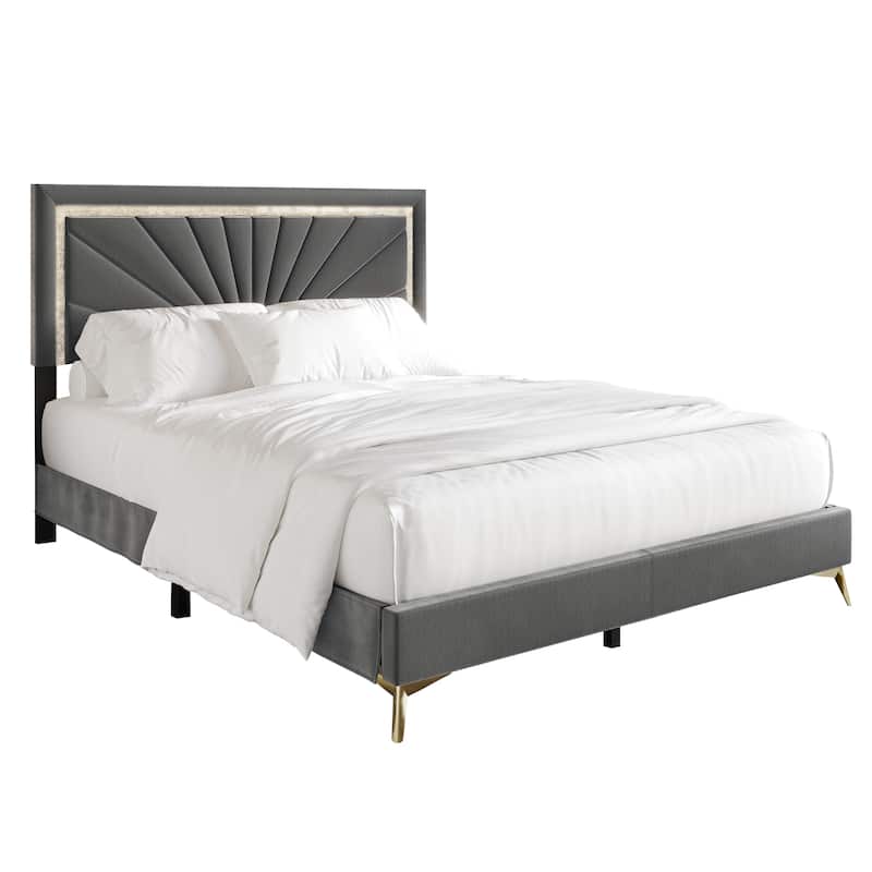 CraftPorch Luxurious Diamond Strip Velvet Upholstered Bed - Light Grey - Twin