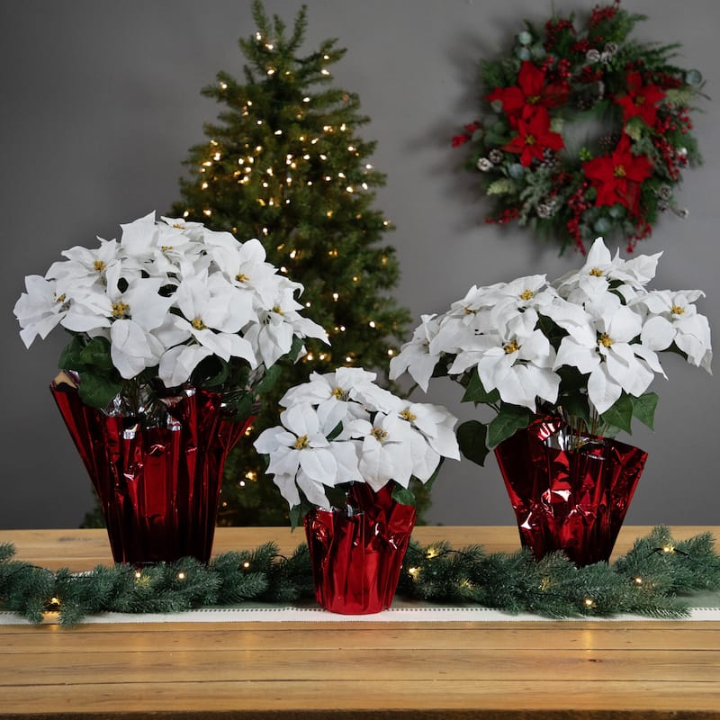 22" White Artificial Christmas Poinsettia Flowers Red Wrapped Base
