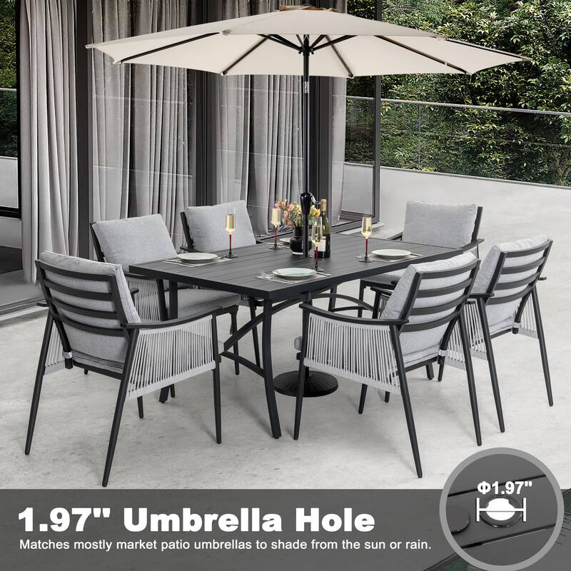 7-Piece Aluminum and Textilene Rope Patio Dining Set with Umbrella Hole