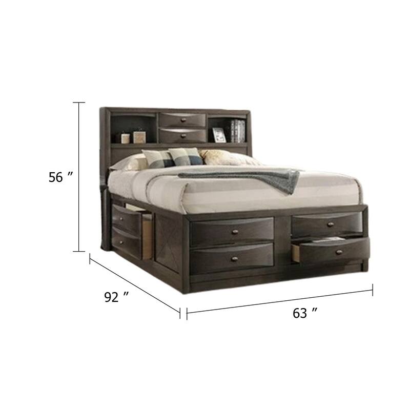 Simo Queen Bed, Bookcase Headboard, Storage Drawers, Gray