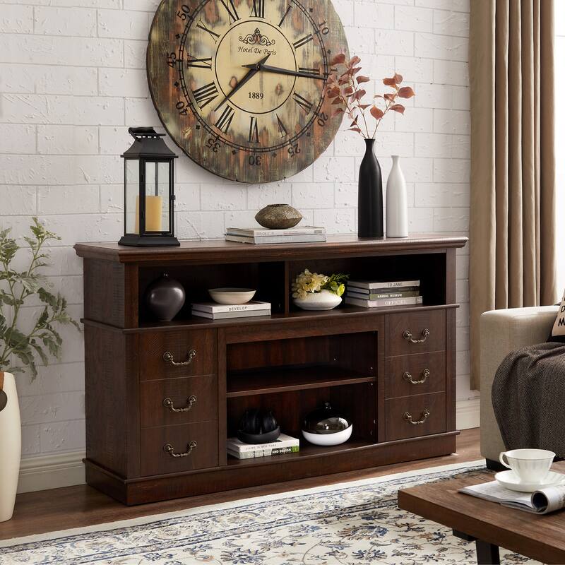Traditional TV Stand Media Console with Cabinets & Open Storage for TVs up to 65", Rustic Espresso
