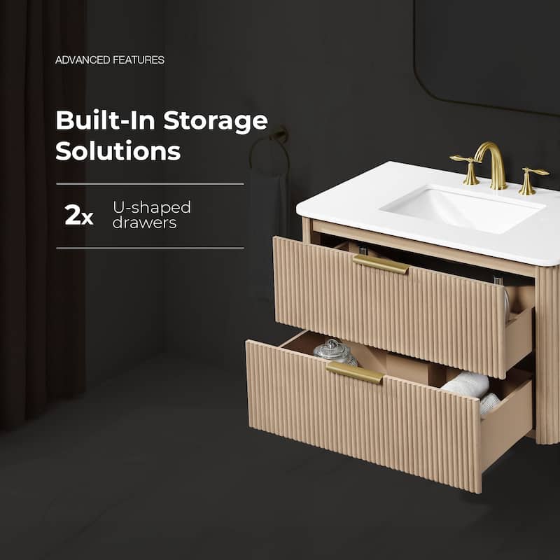 Amara 36 in. Sahara Birch Vanity with White Top and Brushed Gold Hardware