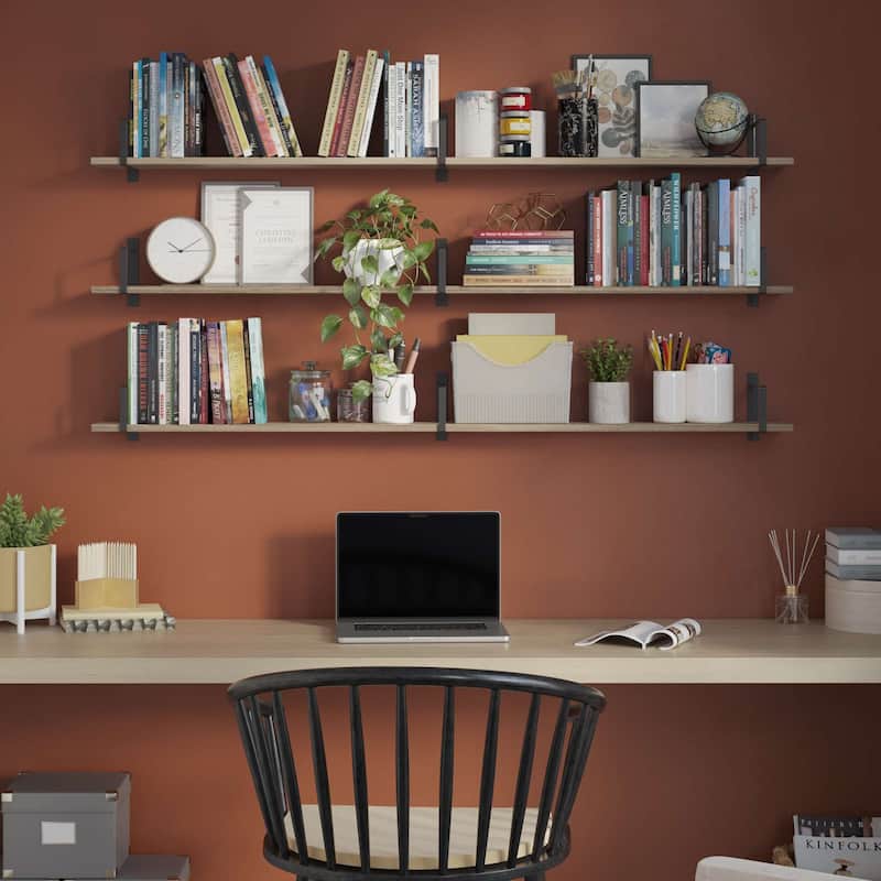 Wallniture Toledo 60"x6" Floating Bookshelves for Wall, Book Shelves for Living Room, Wooden Shelves for Wall, Set of 3, Burnt