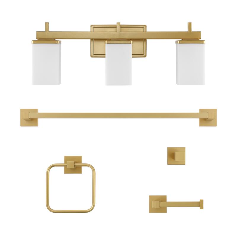 Liam 22.38" 3-Light Modern Vanity Light with Frosted Glass Shades and Bathroom Hardware Accessory Set, (5-Piece) by JONATHAN Y