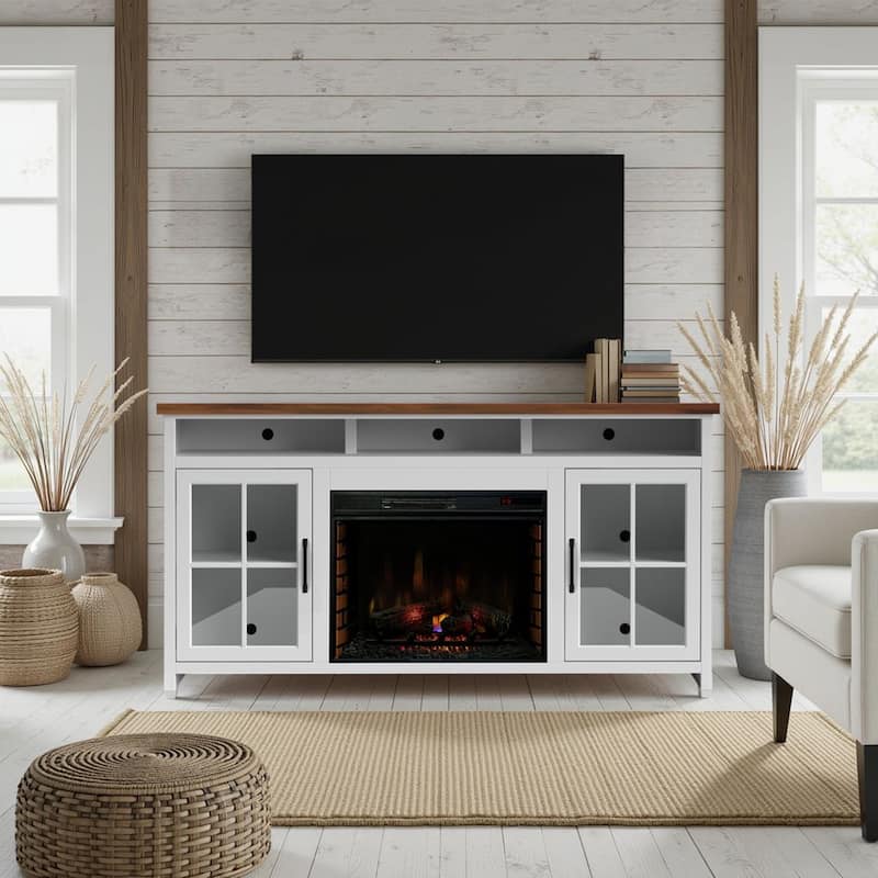Bridgevine Home 74 inch Fireplace TV Stand Console for TVs up to 85 inches - Jasmine Whitewash and Barnwood