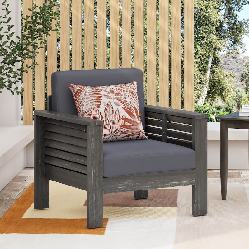 Roomfitters Outdoor Acacia Wood Club Chair with Cushions, Teak Frame and Weather-Resistant Beige Cushions, Ideal for Patio - Grey