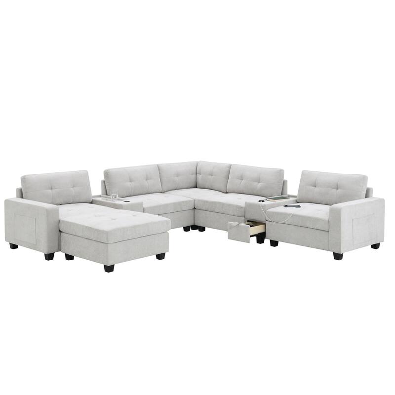 L-shape Chenille Sectional Sofa with 2 Acrylic Consoles Table Top, USB Charger, 2 Drawers, Pockets and Ottoman for Living Room