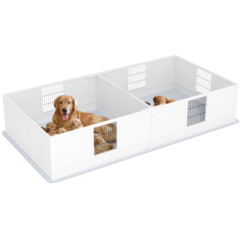 PawHut Whelping Box for Dogs and Puppies, Dog Whelping Box with Waterproof Pee Pad, Adjustable Height Door, 96" x 47" x 19" - White