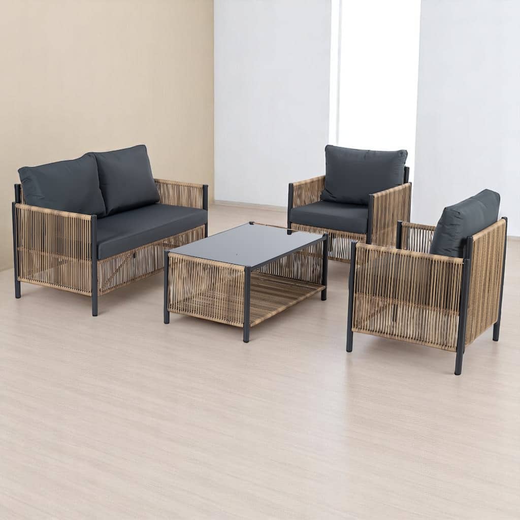 4-Piece Outdoor PE Rattan Sofa Set with Removable Cushion Covers and Coffee Table, Patio Conversation Furniture set - Steel