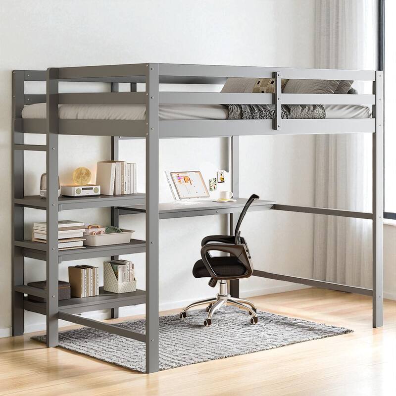 Twin Size Wooden Loft Bed with Desk, Shelves and Writable Board, Space Saving Work and Sleep Station