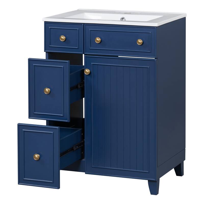 24 Inch Bathroom Vanity Cabinet with Ceramic Sink, 2 Drawers & Door, Bathroom Storage Cabinet Free-standing Single Sink Cabinet