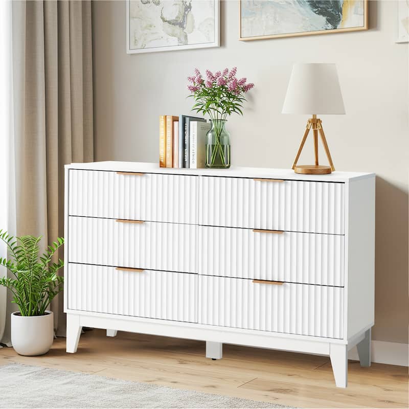 EROMMY Fluted Dresser 6 Drawer Mid Century Modern Dresser Wide Chest of Drawers with Metal Handles for Bedroom Living Room