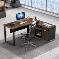 L-Shaped Computer Desk Executive Office Desk with File Cabinet and ...
