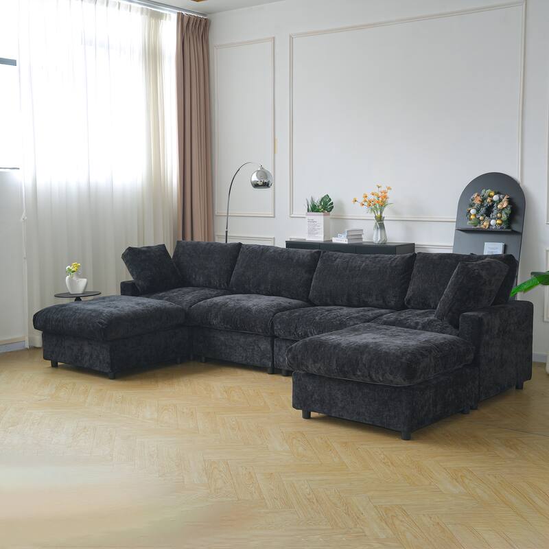 134" Cloud Sectional Couches for Living Room, Convertible U Shape Couch with Ottoman, 6 Seater Modular Sectional Sofa - Black