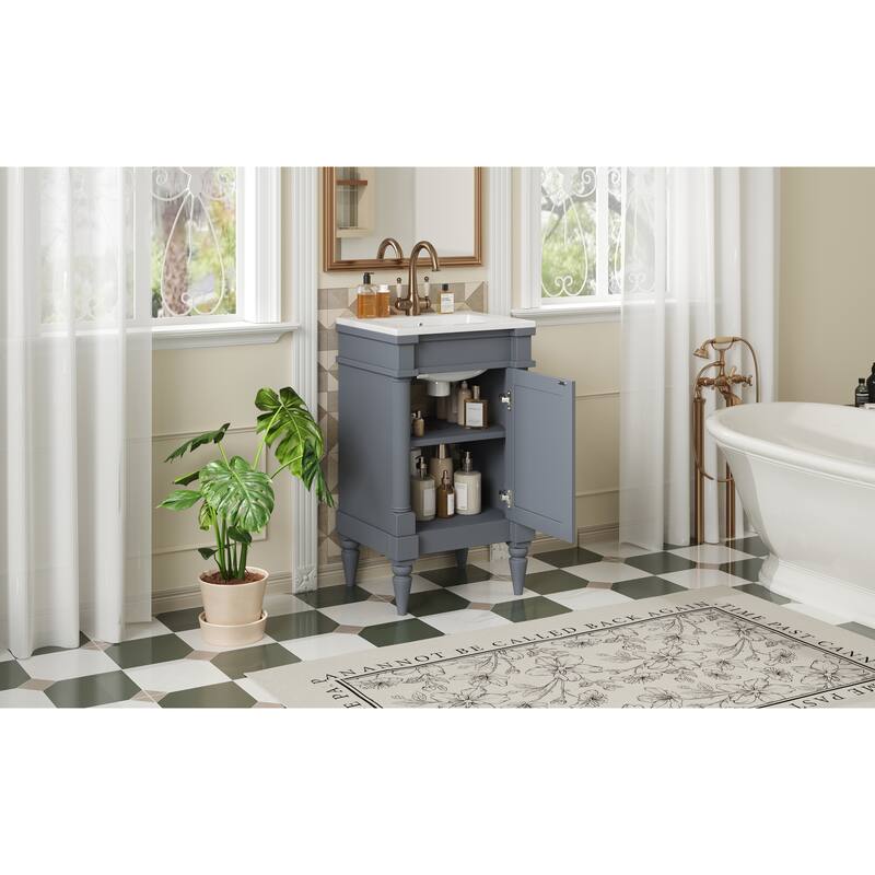 GDFStudio - Wexford Retro Freestanding Bathroom Vanity with Ceramic Sink, Solid Pine Wood Legs & Adjustable Shelf - 18'W