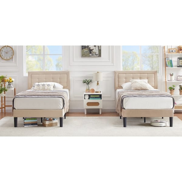 slide 2 of 60, VECELO Tufted Upholstered Kids Bed with Adjustable Headboard,Twin Size Bed Set of 2 Beige